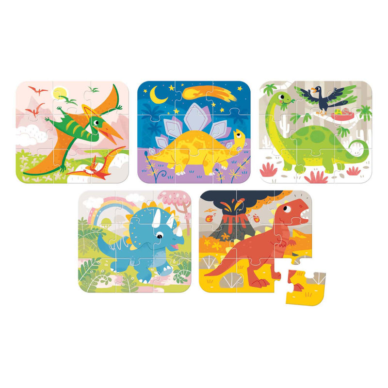 Load image into Gallery viewer, Banana panda on-the-go puzzel dinosaurussen 3+ - vijf puzzels van 9 stukjes - leuk dino puzzel speelgoed.
