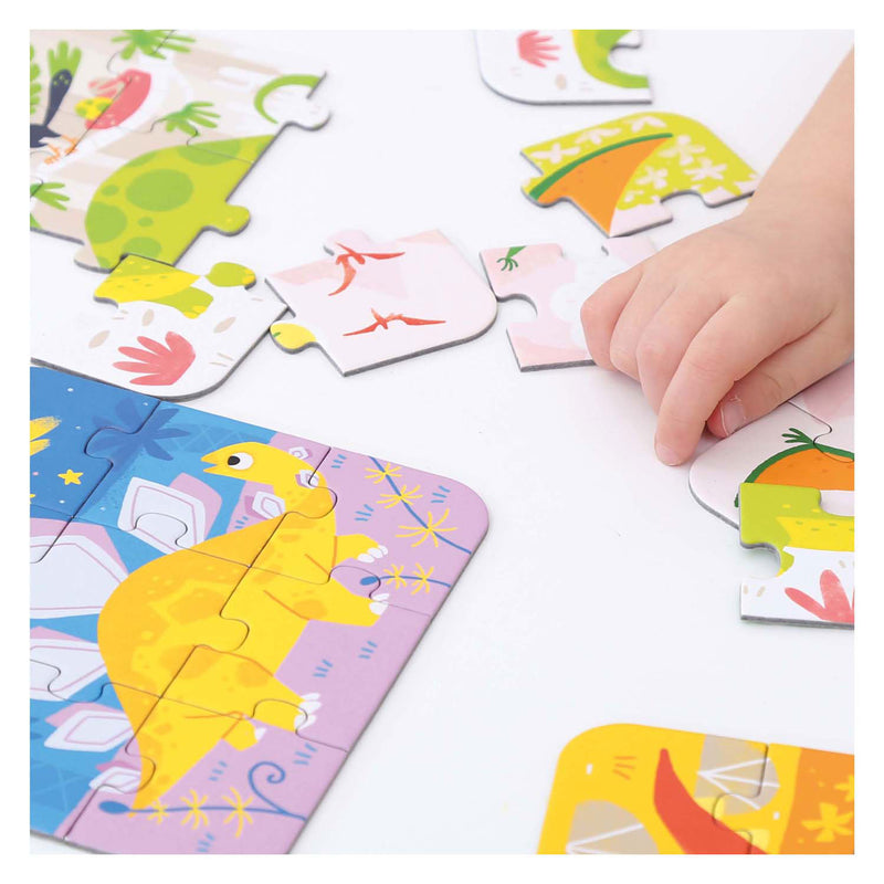 Load image into Gallery viewer, Banana panda on-the-go puzzel dinosaurussen 3+ - vijf puzzels van 9 stukjes - leuk dino puzzel speelgoed.