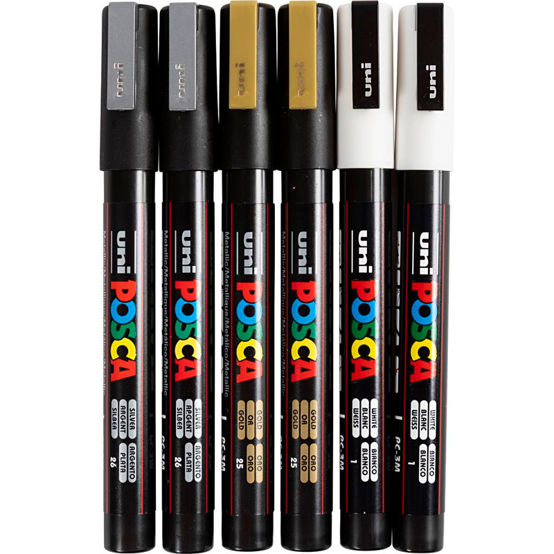 Afbeelding laden in galerijviewer, Https: www.cchobby.nl posca-marker-afm-pc-3m-lijndikte-0-9-1-3-mm-fijn-goud-zilver-wit-6-div-1-doos