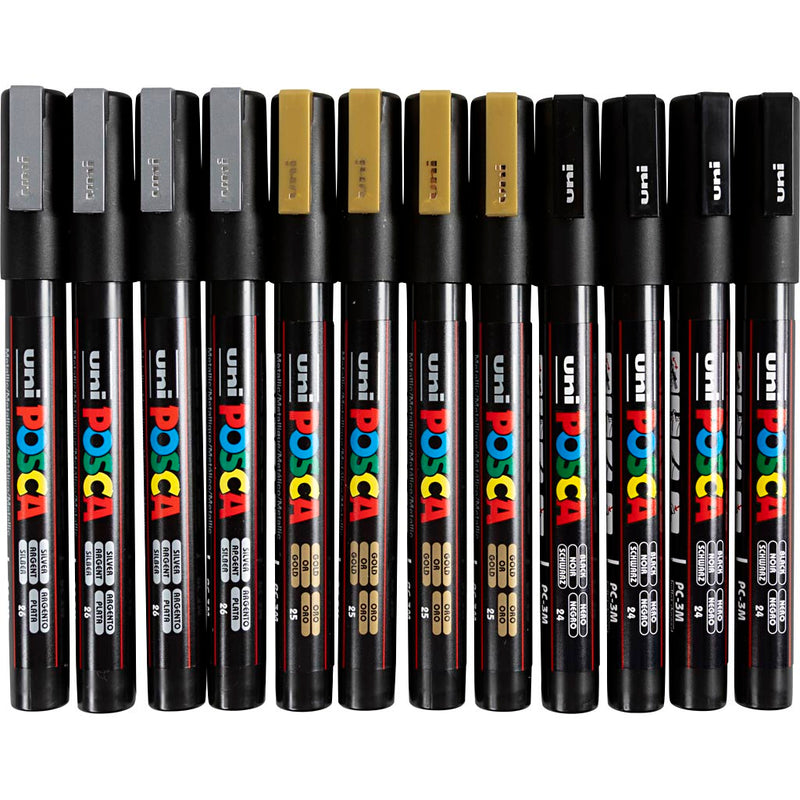 Afbeelding laden in galerijviewer, Https: www.cchobby.nl posca-marker-afm-pc-3m-lijndikte-0-9-1-3-mm-fijn-zwart-goud-zilver-12-div-1-doos
