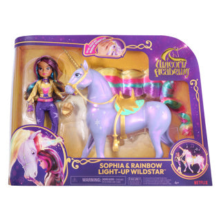 Load image into Gallery viewer, Unicorn academy - sophia regenboog lichtmagie wildstar - modepop met interactieve eenhoorn met licht geluid en muziek