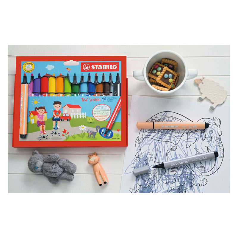 Load image into Gallery viewer, Stabilo trio scribbi - ergonomische viltstift - onverwoestbaar door meeverende schrijfpunt - etui met 14 kleuren