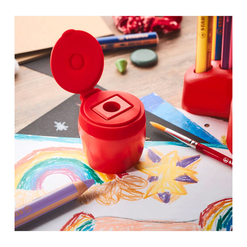 Load image into Gallery viewer, Stabilo woody 3 in 1 puntenslijper - robuuste containerpuntenslijper - voor extra dikke potloden - rood