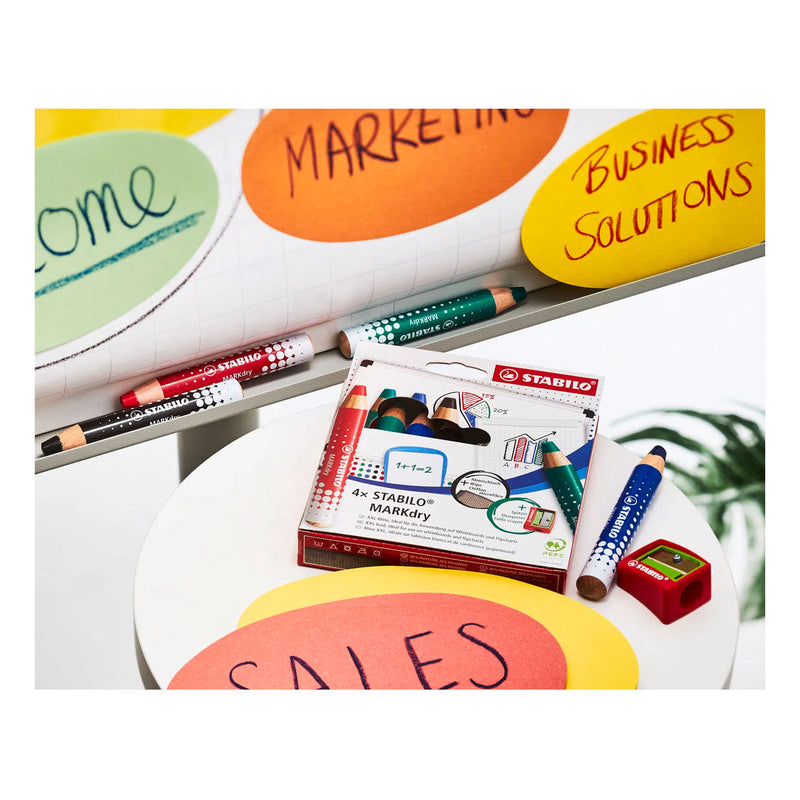 Load image into Gallery viewer, Stabilo markdry set van 4 whiteboard potloden, puntenslijper en reinigingsdoekje