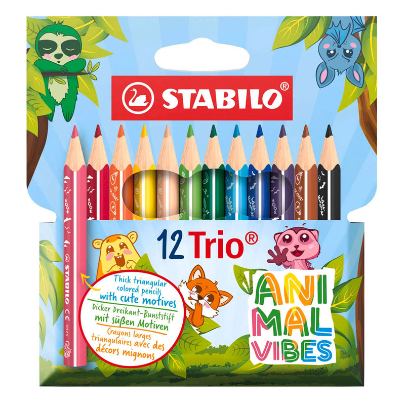 Afbeelding laden in galerijviewer, Stabilo trio thick - driekantige kleurpotloden met extra dikke kern - animal vibes - etui met 12 kleuren