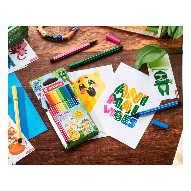 Afbeelding laden in galerijviewer, Stabilo pen 68 mini - premium viltstift - animal vibes - etui met 8 kleuren + sticker