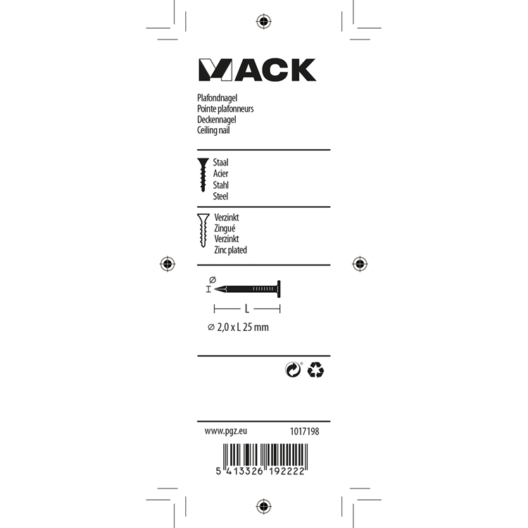 Load image into Gallery viewer, Mack 1017198 - plafondnagel staal verzinkt 90 gr 2,0 x 25 mm | 5 stuks