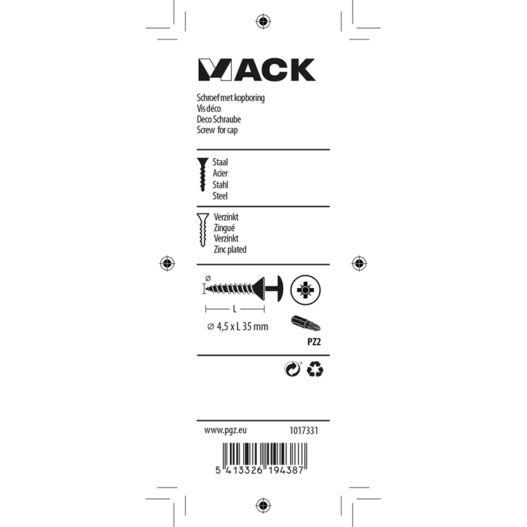 Afbeelding laden in galerijviewer, Mack 1017331 - schroef met kopboring staal verz. 12 st 4,5 x 35 mm | 10 stuks