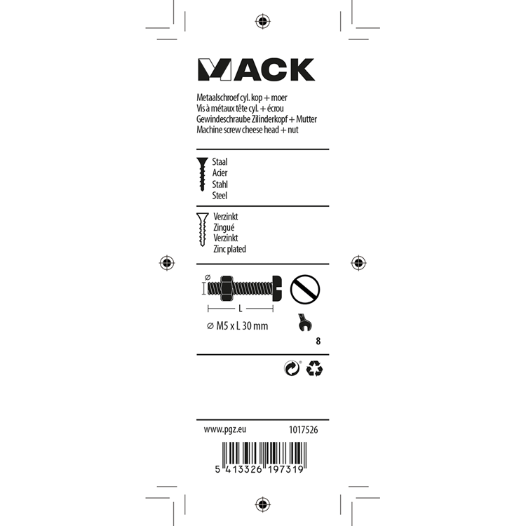 Load image into Gallery viewer, Mack 1017526 - metaalschroef cyl. kop + moer verz. 13 st m5 x 30 mm | 10 stuks