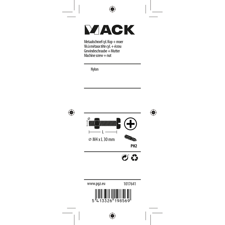 Load image into Gallery viewer, Mack 1017641 - metaalschroef cyl. kop + moer nylon 6 st m4 x 30 mm | 10 stuks