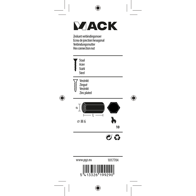 Load image into Gallery viewer, Mack 1017704 - zeskant verbindingsmoer verzinkt 3 st m6 | 10 stuks