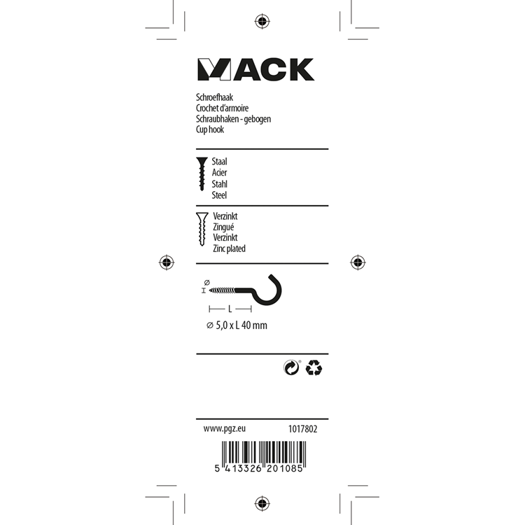 Load image into Gallery viewer, Mack 1017802 - schroefhaak staal verzinkt 4st 5,0 x 40 mm | 5 stuks