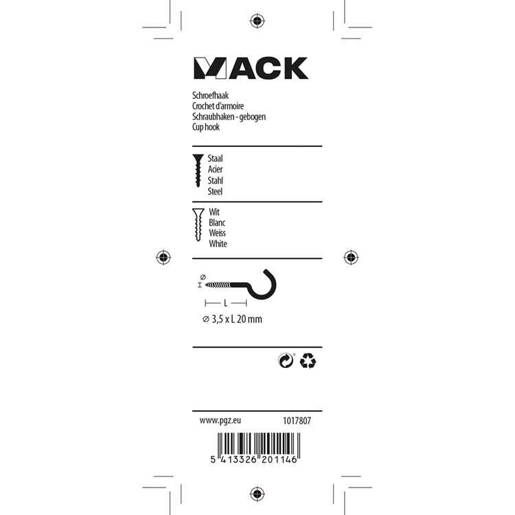 Load image into Gallery viewer, Mack 1017807 - schroefhaak staal wit 5 st 3,5 x 20 mm | 10 stuks