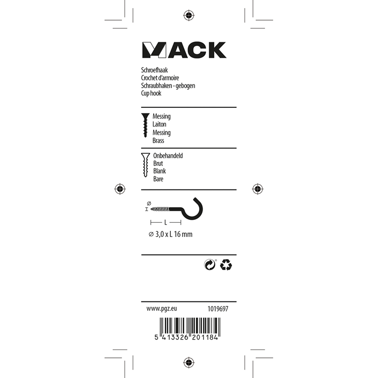 Load image into Gallery viewer, Mack 1019697 - schroefhaak messing 4 st 3,0 x 16mm | 10 stuks