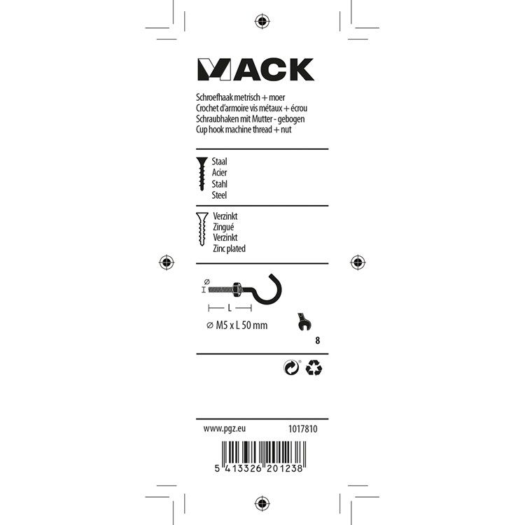 Load image into Gallery viewer, Mack 1017810 - schroefhaak metrisch + moer verzinkt 4st m5 x 50 mm | 10 stuks