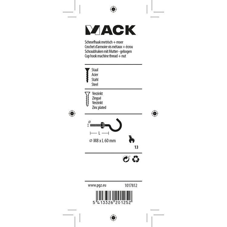 Load image into Gallery viewer, Mack 1017812 - schroefhaak metrisch + moer verzinkt 2st m8 x 60 mm | 10 stuks