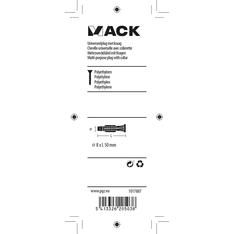 Load image into Gallery viewer, Mack 1017887 - universeelplug met kraag polyethyl.12st 8 x 50 mm | 5 stuks