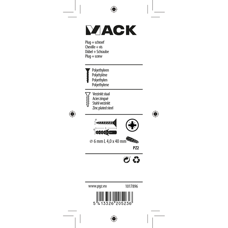 Load image into Gallery viewer, Mack 1017896 - plug + schroef polyethyleen 20 st 6 mm 4,0 x 40 mm | 5 stuks