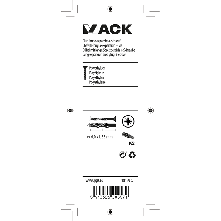 Load image into Gallery viewer, Mack 1019932 - plug lange exp.polyeth. + schr. 4x70 12st 6 x 55 mm | 5 stuks