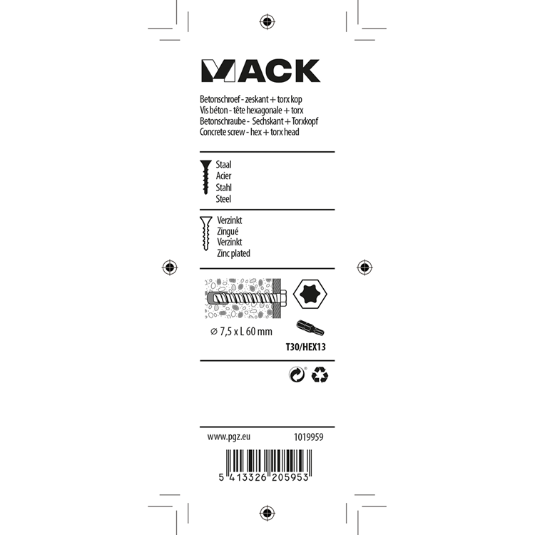 Load image into Gallery viewer, Mack 1019959 - betonschroef verzinkt 6kant 4st 7,5 x 60 mm | 5 stuks
