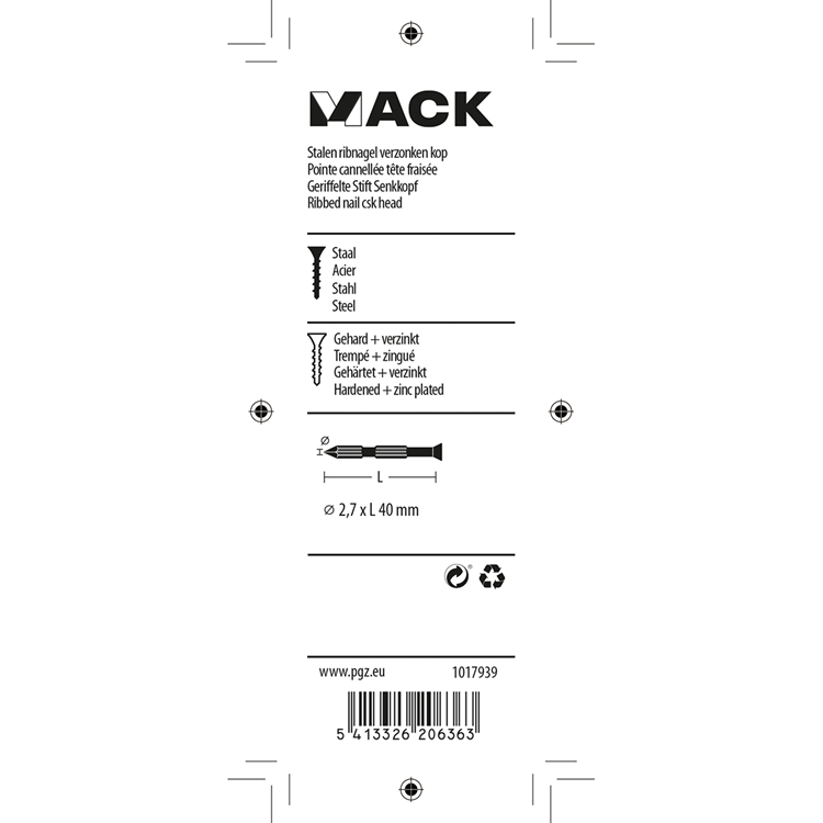 Load image into Gallery viewer, Mack 1017939 - stalen ribnagel vk st.gehard + verz 55st 2,7 x 40 mm | 5 stuks