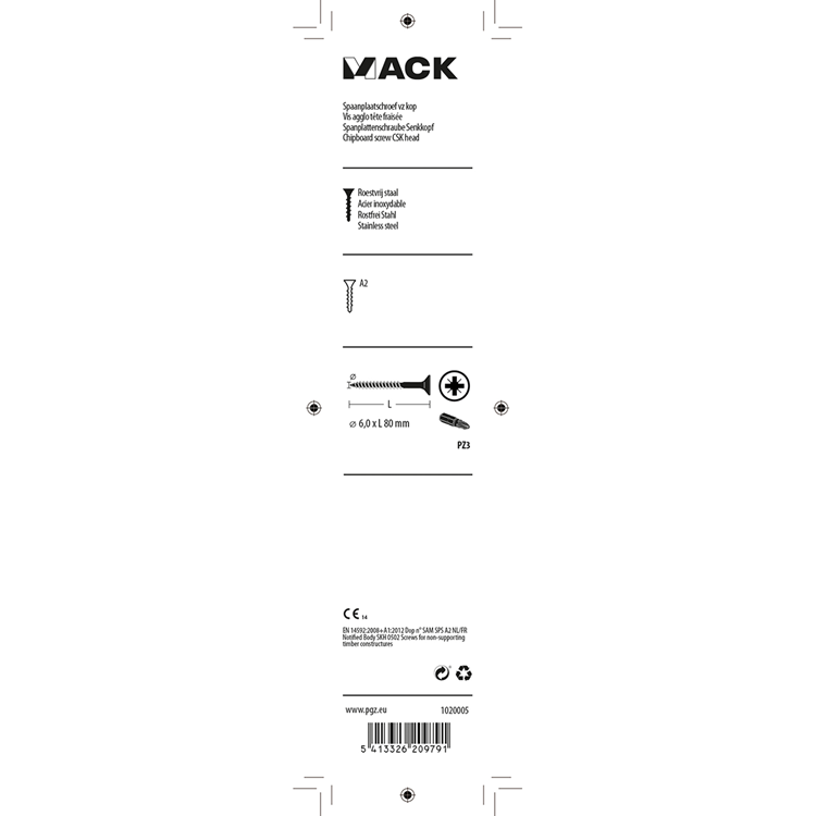 Load image into Gallery viewer, Mack 1020005 - spaanplaatschroef vz kop rvs 12 st 6,0 x 80 mm | 5 stuks