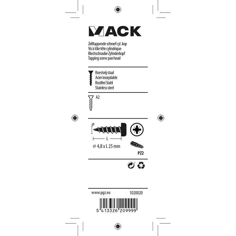 Load image into Gallery viewer, Mack 1020020 - zelftappende schroef cyl.kop a2 25 st 4,8 x 25 mm | 5 stuks