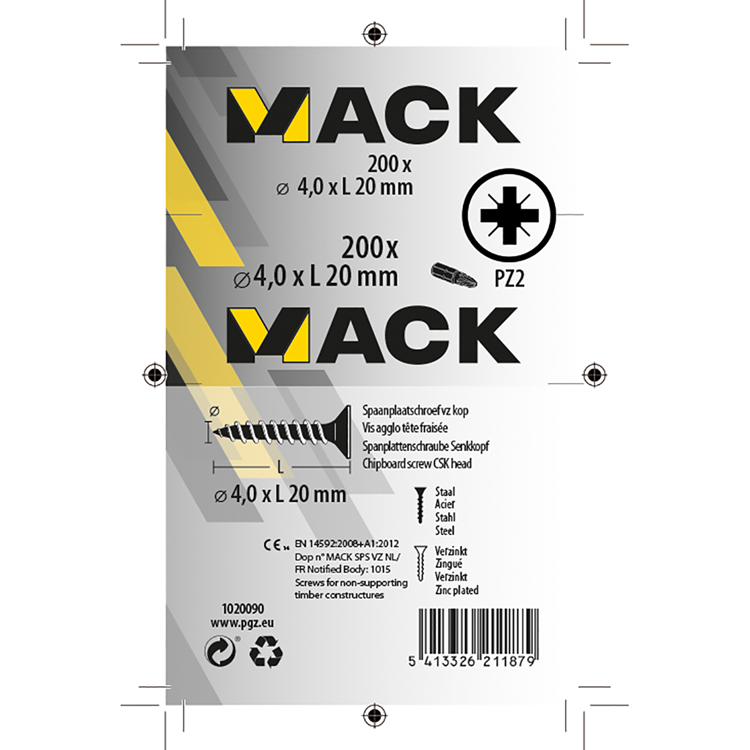 Load image into Gallery viewer, Mack 1020090 - spaanplaatschroef vz kop geel vz 200 st 4,0 x 20 mm | 5 stuks