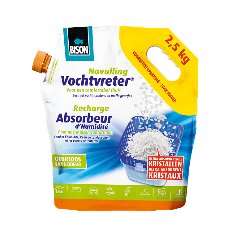 Load image into Gallery viewer, Bison vochtvreter® losse kristallen neutraal zak 2.5 kg, navulling voor een vochtvreter®, eenvoudig in gebruik, geschikt voor alle navullingen, voor alle woonruimtes, campers, caravans