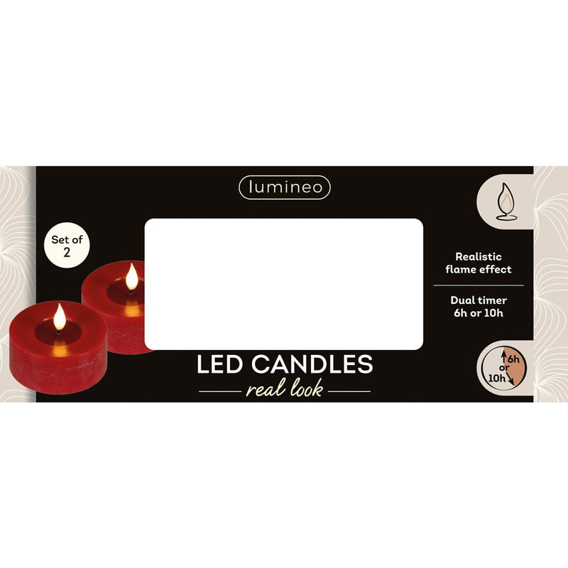 Load image into Gallery viewer, Lumineo realistische led theelicht met vlam effect ã˜7,5x6cm rood met 6uur timer werkt op batterij- 2 stuks