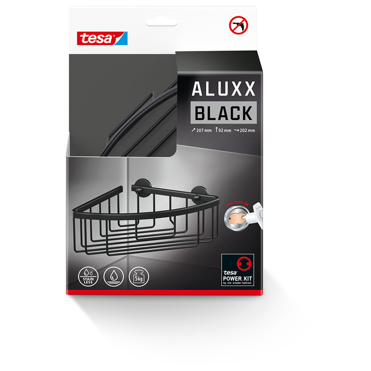 Load image into Gallery viewer, Tesa hoekmand aluxx black matzwart badkamer zelfklevend zonder boren – 192x92x200mm
