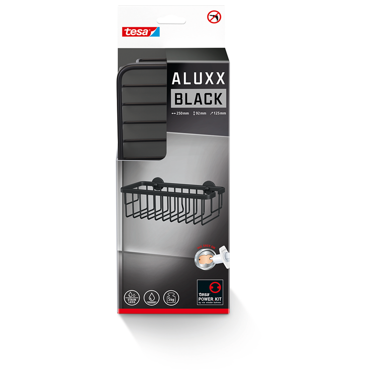 Load image into Gallery viewer, Tesa doucherek aluxx black matzwart badkamer zelfklevend zonder boren – 92x250x125mm