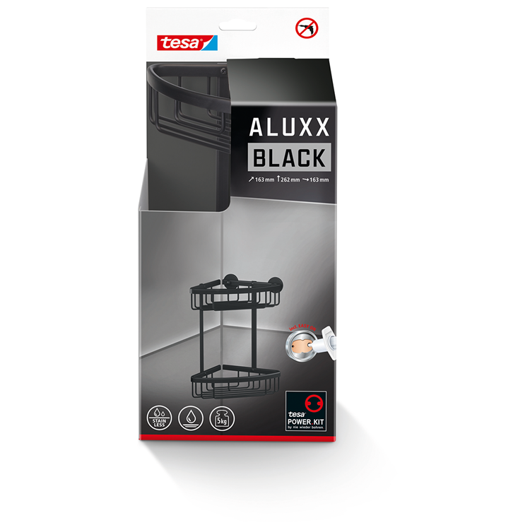Load image into Gallery viewer, Tesa doucherek aluxx black 2-niveaus matzwart badkamer zelfklevend zonder boren – 163x260x170mm
