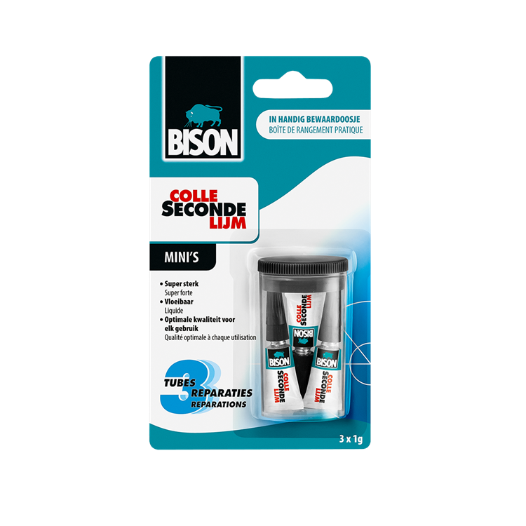 Load image into Gallery viewer, Bison secondelijm vloeibaar mini's 3 x 1g, sterke secondelijm, speciale min verpakking, vaatwasser bestendig, water resistent, voor iedere reparatie in en om het huis