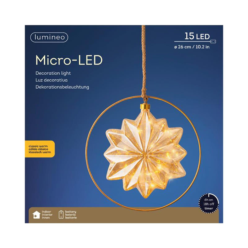 Afbeelding laden in galerijviewer, Lumineo led ster glas met 15 micro led lampen in een metalen ring- 㘠26cm werkt op batterij met timer