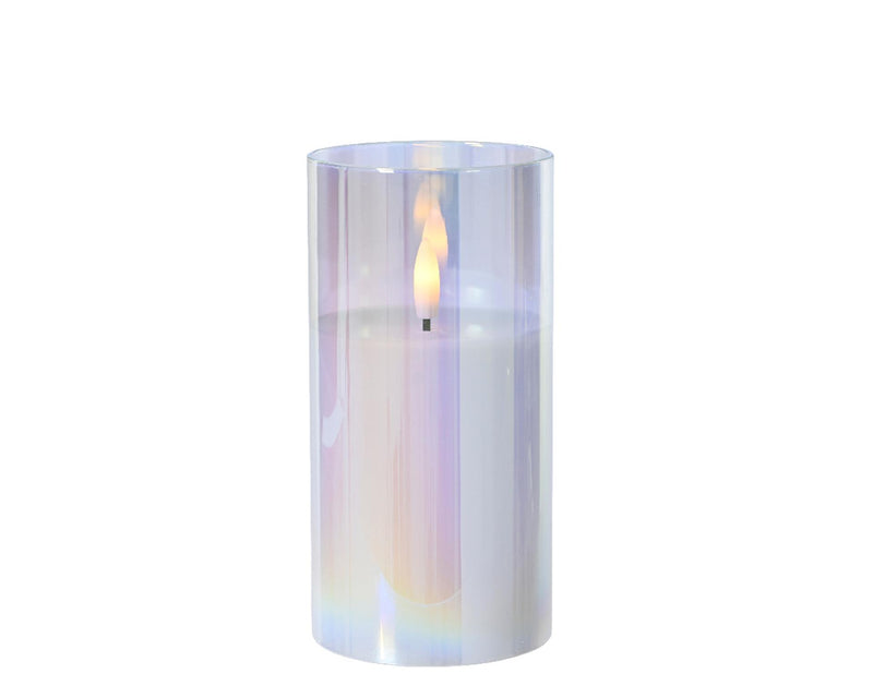 Afbeelding laden in galerijviewer, Lumineo ked kaars in glas voor binnen met vlamefect en timer dia.7,5x15cm iriserend