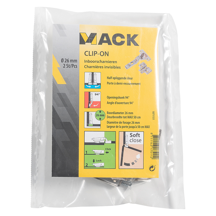 Load image into Gallery viewer, Mack 1071151 - 2 inboorsch. clip on soft cl. 26mm 110° half opliggende deur | 5 stuks
