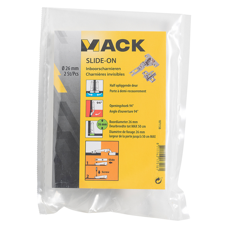 Load image into Gallery viewer, Mack 1071158 - 2 inboorscharnieren slide on 26mm 110° half opliggende deur | 5 stuks