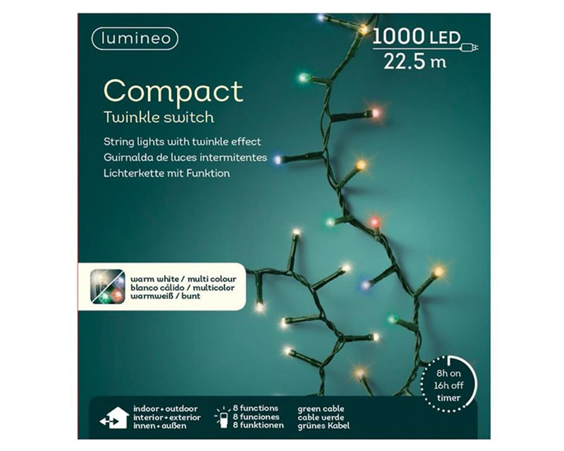 Load image into Gallery viewer, Lumineo led compact lights twinkel 1000l 2250cm colour changing. 8 functie twinkel effect en 8 uur timer