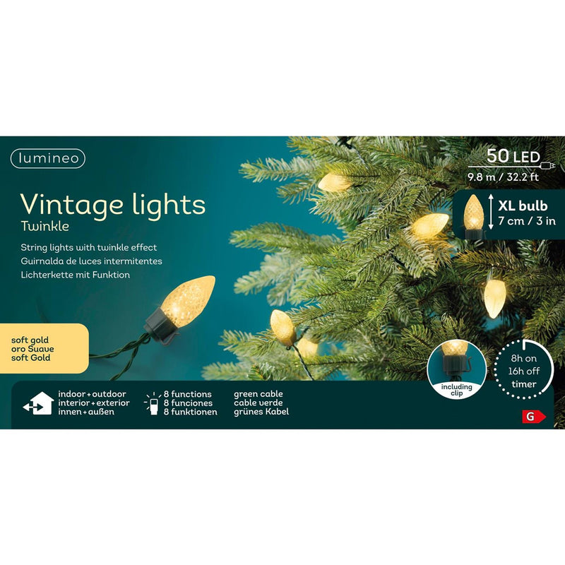 Load image into Gallery viewer, Lumineo led vintage kerstboom verlichtng 8 functie twinkel effect 50led 980cm groen soft gold