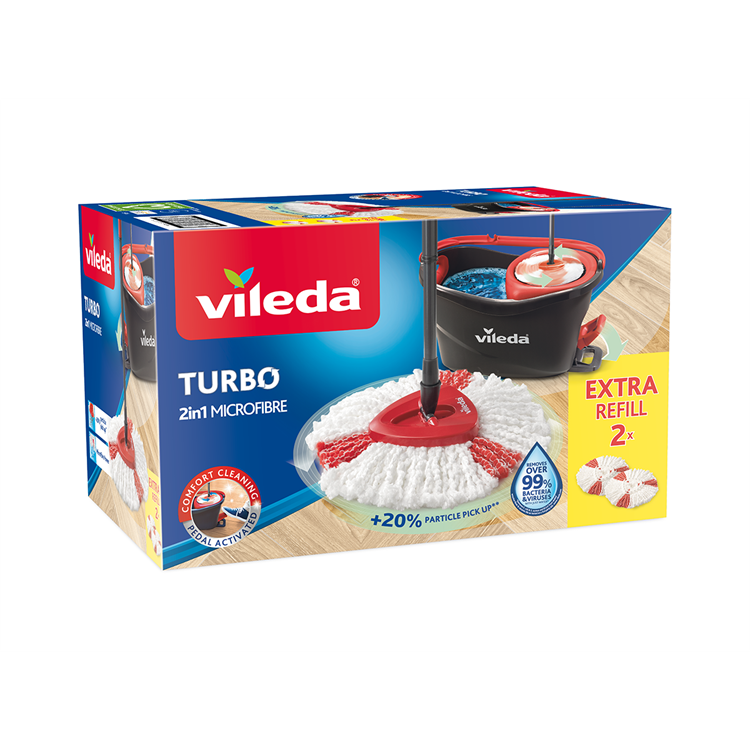Load image into Gallery viewer, Vileda turbo mopset + 2 vervangende koppen - pedaalsysteem met 2 vervangingen - microvezelmop 2in1