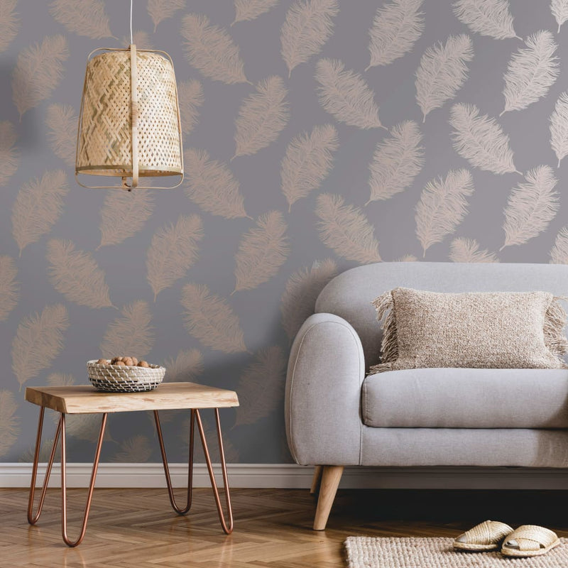 Load image into Gallery viewer, Dutch wallcoverings behang fawning feather grijs en roségoudkleurig