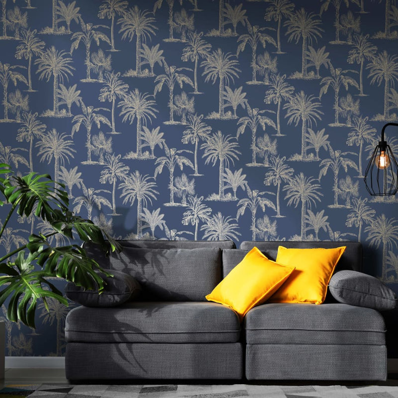 Load image into Gallery viewer, Dutch wallcoverings behang tropical trees marineblauw en zilverkleurig