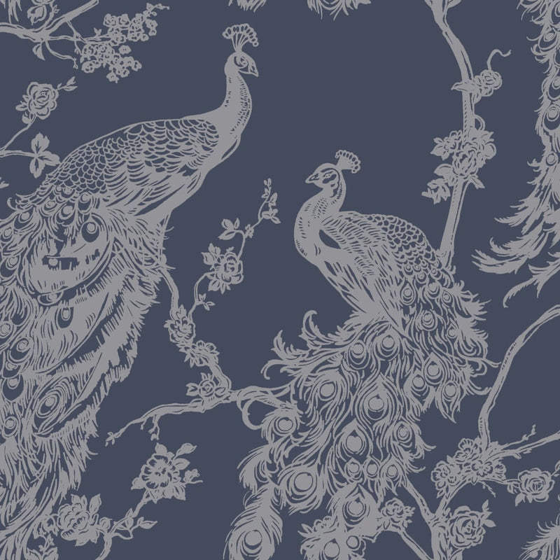 Load image into Gallery viewer, DUTCH WALLCOVERINGS DUTCH WALLCOVERINGS Behang Peacock marineblauw en zilverkleurig