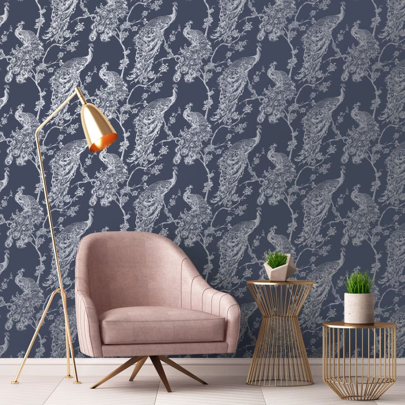Load image into Gallery viewer, DUTCH WALLCOVERINGS DUTCH WALLCOVERINGS Behang Peacock marineblauw en zilverkleurig