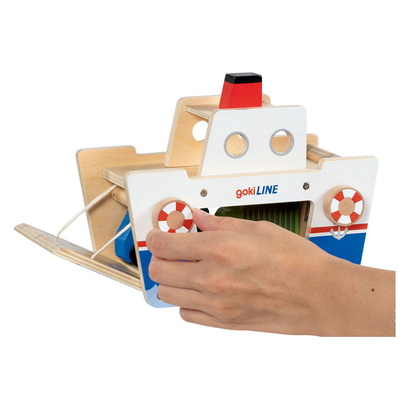 Load image into Gallery viewer, Goki houten veerboot met 3 voertuigen