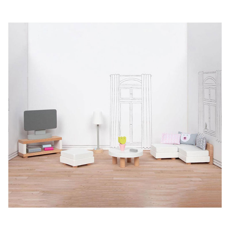 Load image into Gallery viewer, Goki poppenhuismeubeltjes: design woonkamer, 15-delig, 9,5x3x4cm (televisiekast), beukenhout en stof, 3+