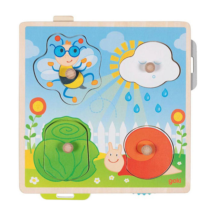 Load image into Gallery viewer, Goki puzzel: in de tuin 21,8x22,5x2,8cm, 4-delig, met achtergrondafbeeldingen, hout, 1+