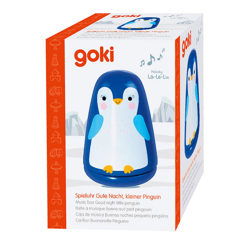Afbeelding laden in galerijviewer, Goki muziekdoos: goedenacht kleine pinguin h11,5xdiam,7,5cm, melodie la-le-lu, in hout