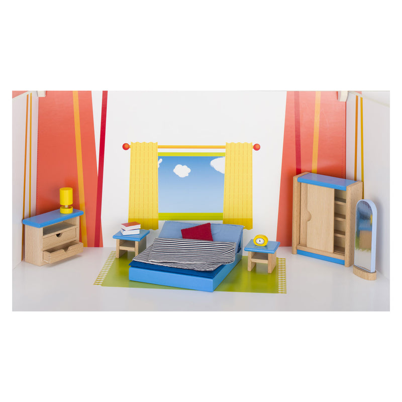 Load image into Gallery viewer, Goki poppenhuismeubeltjes: moderne slaapkamer 14-delig (incl. bedlinnen, excl.